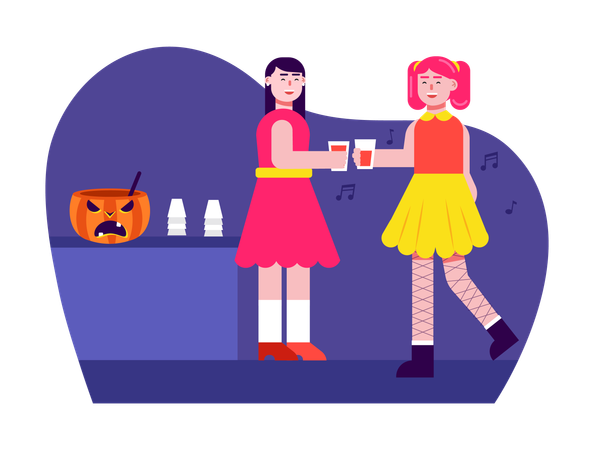 Chicas disfrutando de bebidas en una fiesta de disfraces de Halloween  Ilustración