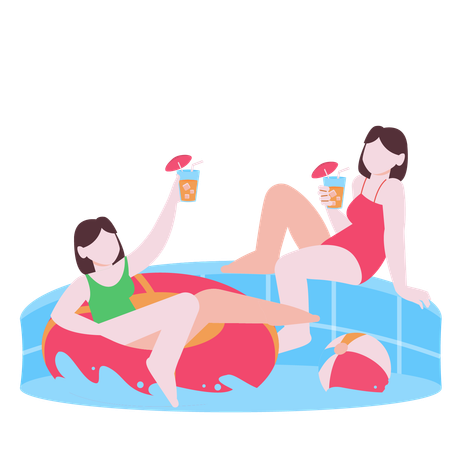 Las niñas disfrutan de una bebida de verano en la piscina.  Ilustración