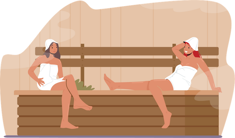 Chicas disfrutando de la sauna del spa  Ilustración