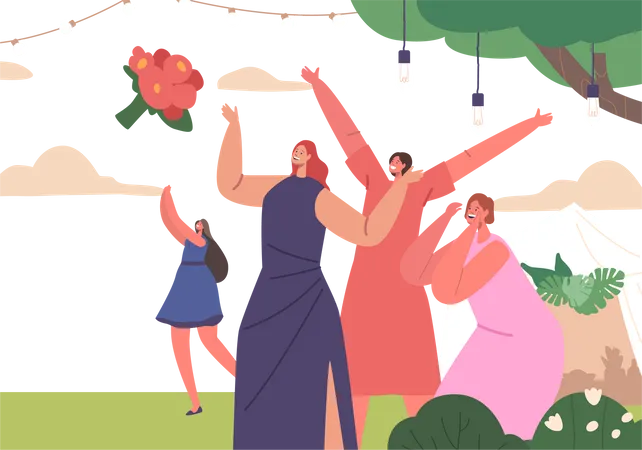 Chicas emocionadas atrapando ansiosamente el ramo de novia  Ilustración