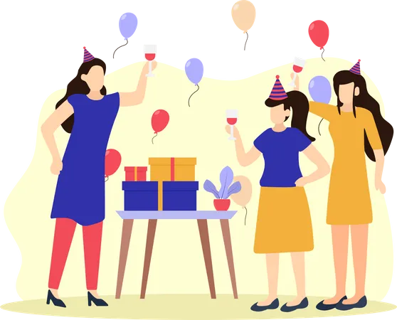 Chicas en fiesta de cumpleaños  Ilustración