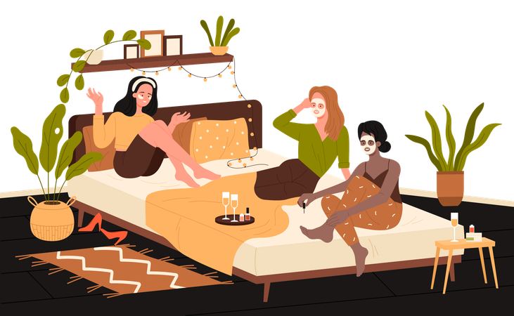 Chicas en pijama descansan juntas en una fiesta de pijamas  Ilustración