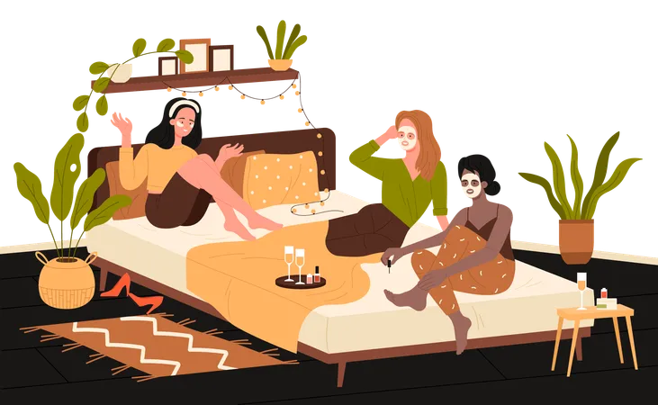 Chicas en pijama descansan juntas en una fiesta de pijamas  Ilustración