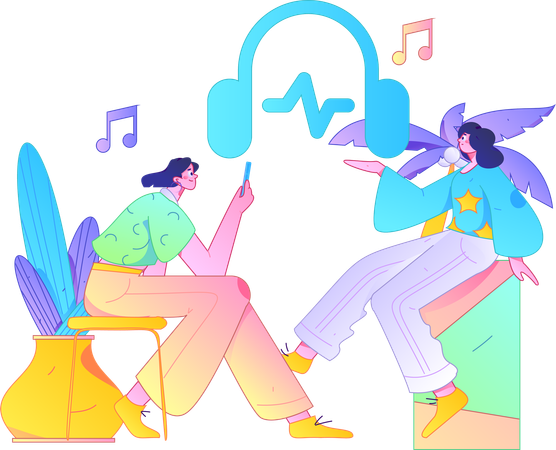 Chicas explorando la música.  Ilustración