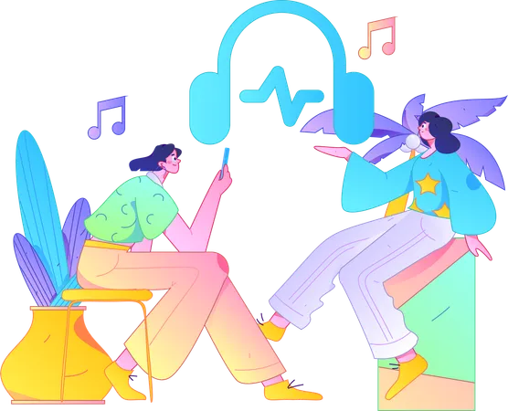 Chicas explorando la música.  Ilustración