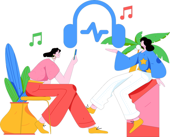 Chicas explorando la música.  Ilustración