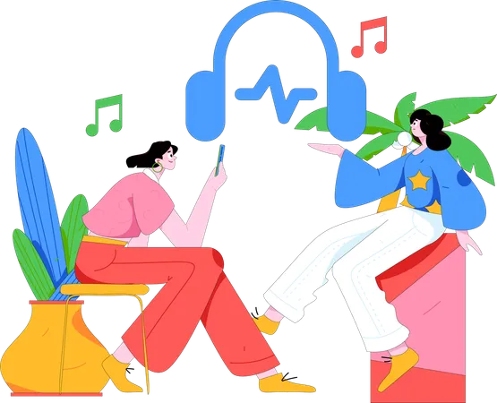 Chicas explorando la música.  Ilustración