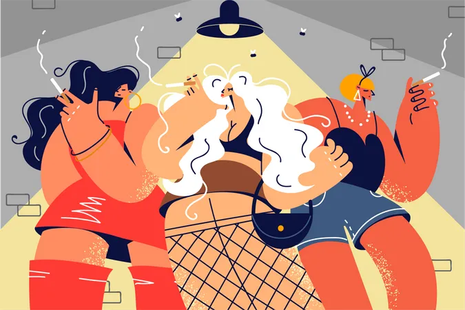 Chicas fiesteras fumando cigarrillo  Ilustración