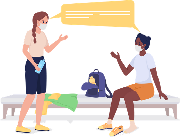 Chicas hablando antes de la clase de gimnasia.  Ilustración