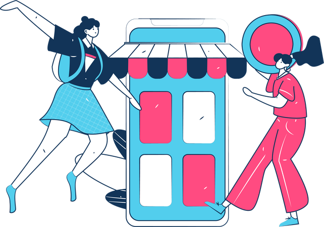 Chicas haciendo compras digitales  Ilustración