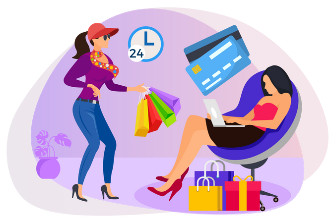 Chicas haciendo compras en línea  Ilustración