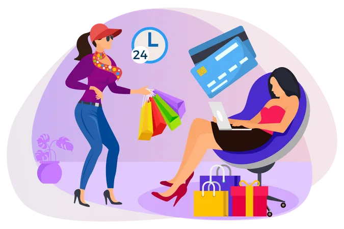 Chicas haciendo compras en línea  Ilustración