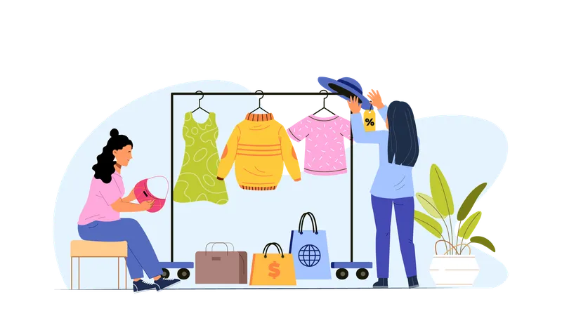 Chicas haciendo compras en una tienda de moda.  Ilustración