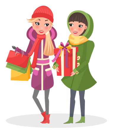 Chicas haciendo compras navideñas  Ilustración