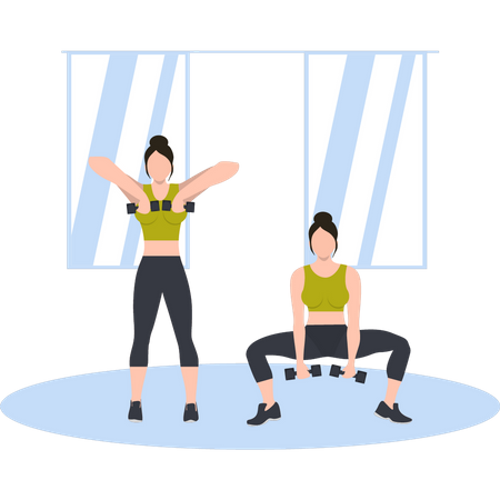 Chicas haciendo ejercicio con pesas  Ilustración