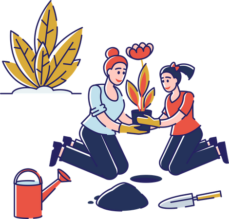 Chicas haciendo jardinería juntas  Ilustración