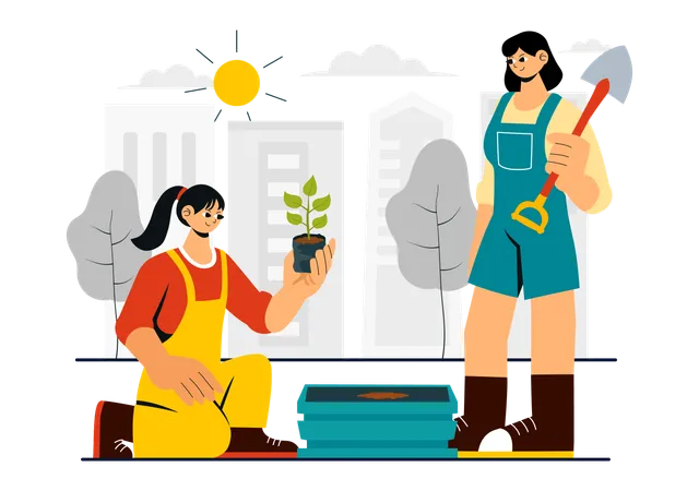 Chicas haciendo jardinería urbana  Ilustración