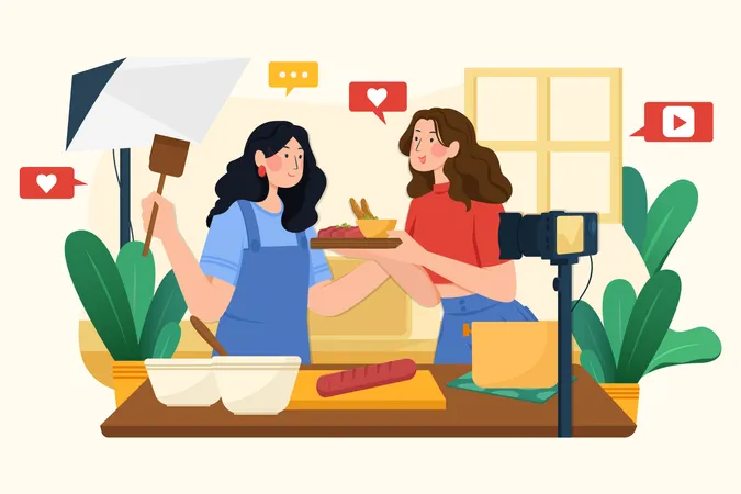 Chicas haciendo vlog para cocinar.  Ilustración