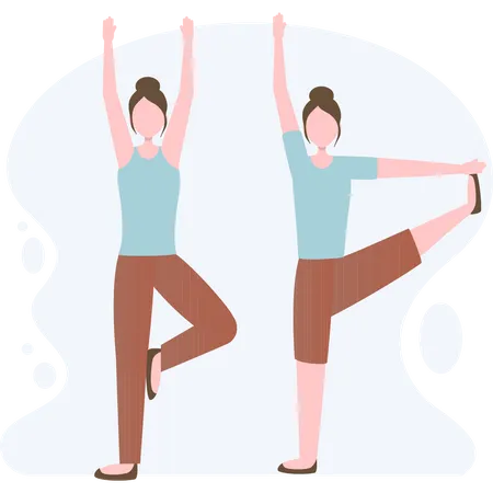 Chicas haciendo yoga por la mañana y manteniéndose en forma.  Ilustración