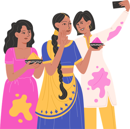 Niñas indias tomando selfie móvil  Ilustración