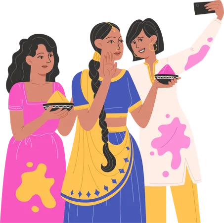 Niñas indias tomando selfie móvil  Ilustración