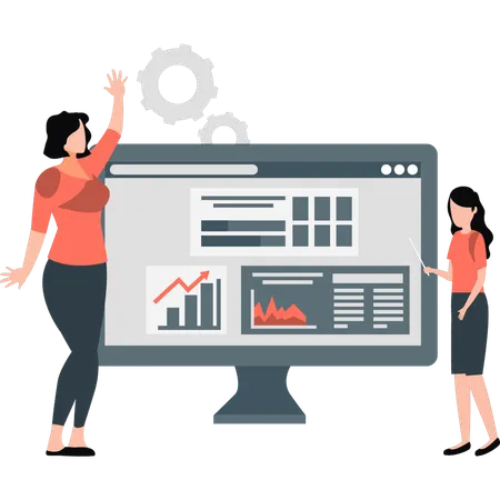 Las jóvenes analizan datos infográficos en el monitor  Ilustración