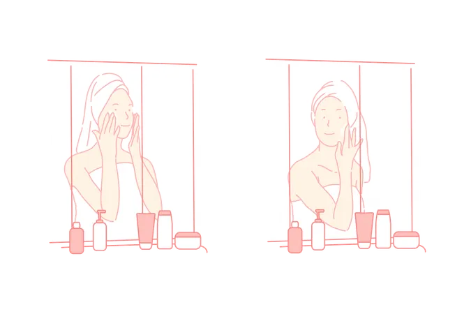 Chicas jóvenes aplicando crema hidratante en el baño.  Ilustración