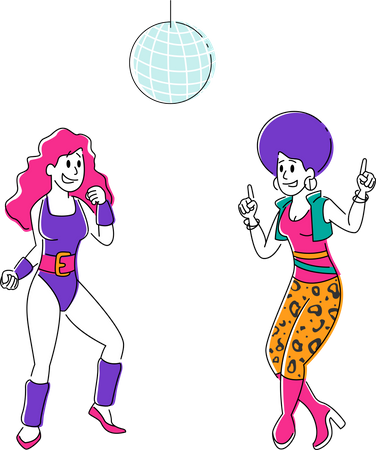 Chicas jóvenes con trajes retro visitando un club nocturno bailando baile disco bajo iluminación estroboscópica  Ilustración