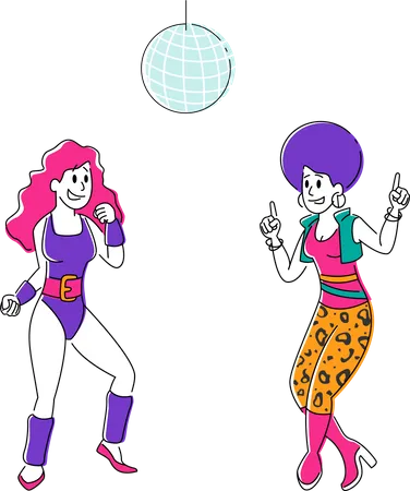 Chicas jóvenes con trajes retro visitando un club nocturno bailando baile disco bajo iluminación estroboscópica  Ilustración