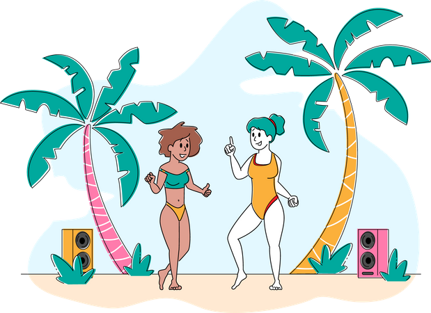 Chicas jóvenes disfrutando de la fiesta de verano en la playa  Ilustración