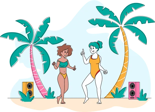 Chicas jóvenes disfrutando de la fiesta de verano en la playa  Ilustración