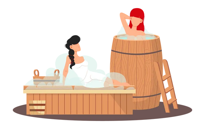 Chicas relajándose en la sauna  Ilustración