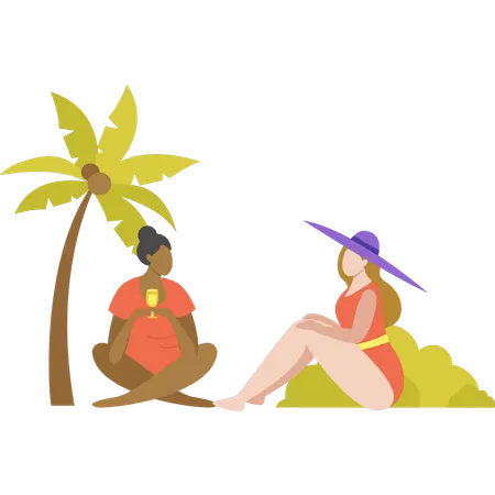 Chicas sentadas juntas en la playa  Illustration