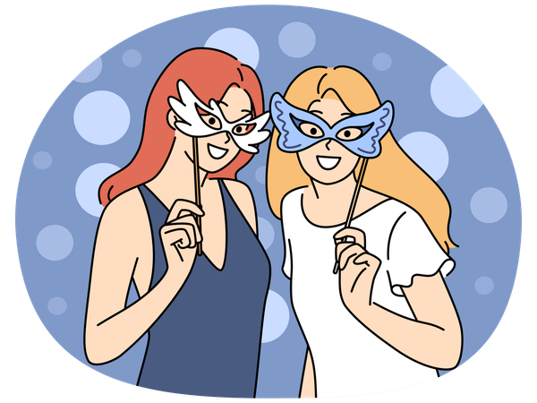 Chicas sonrientes con máscaras disfrutan de la fiesta  Ilustración
