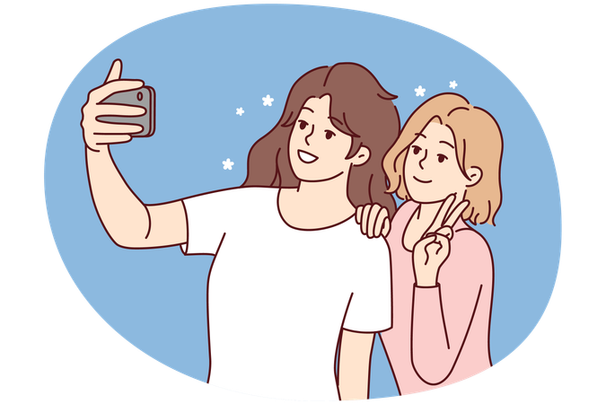 Chicas sonrientes haciéndose selfies en un teléfono inteligente juntas  Ilustración