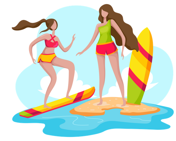 Chicas surfeando en el mar  Ilustración