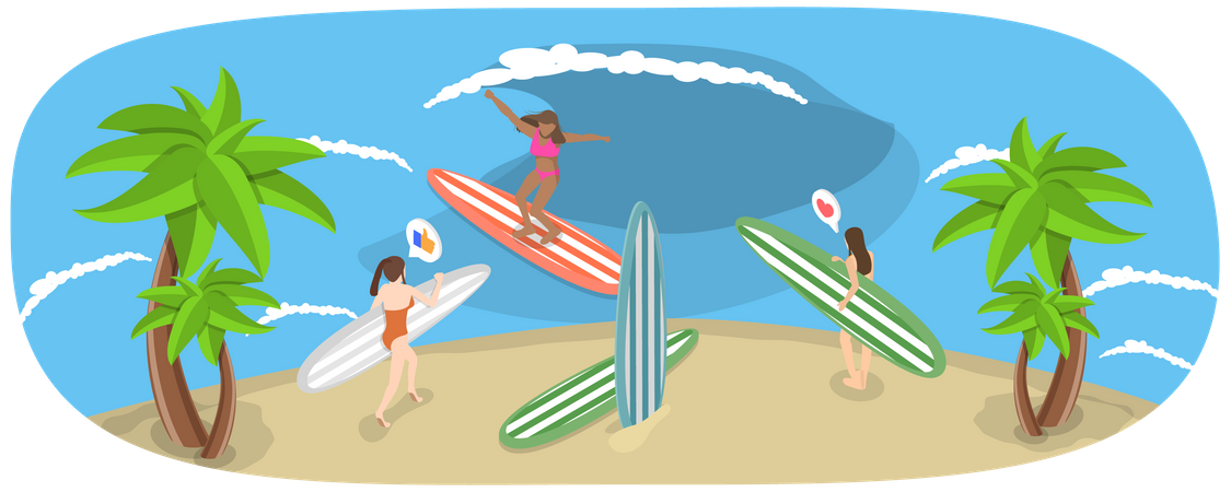 Chicas surfistas en la playa  Ilustración