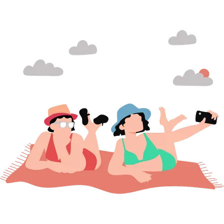 Chicas tomando selfie en la playa  Ilustración