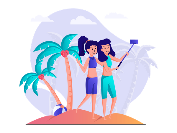 Chicas tomando selfie en la playa  Ilustración