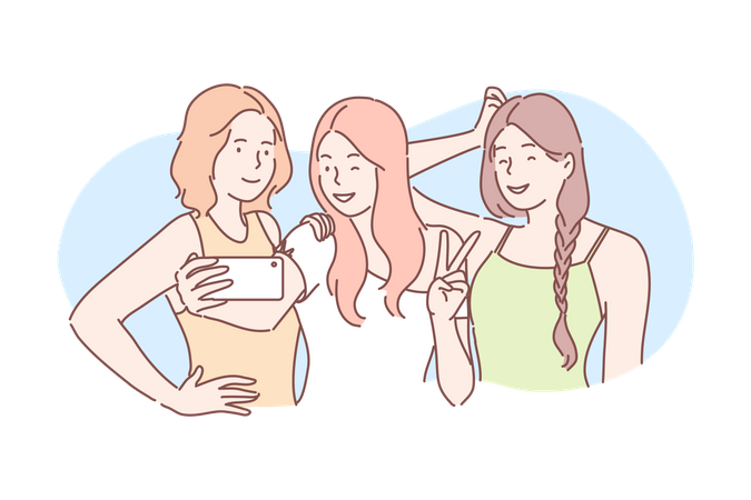 Chicas tomando selfie grupal  Ilustración