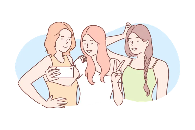 Chicas tomando selfie grupal  Ilustración