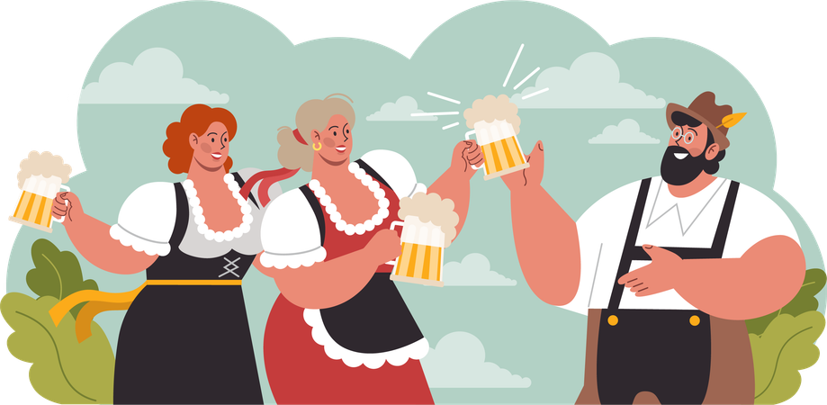 Las niñas y el hombre animan la cerveza.  Ilustración