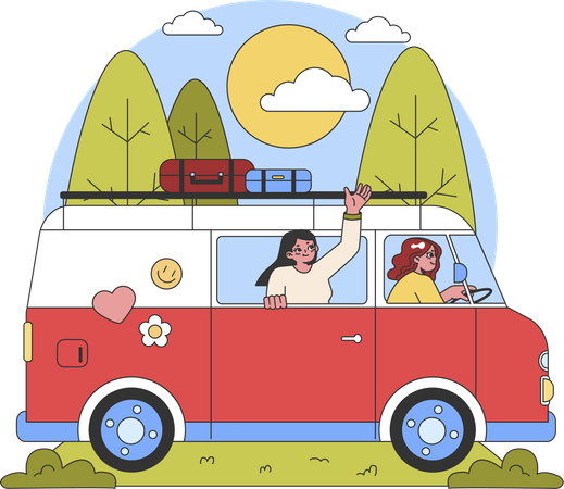 Chicas que van de viaje de verano.  Ilustración