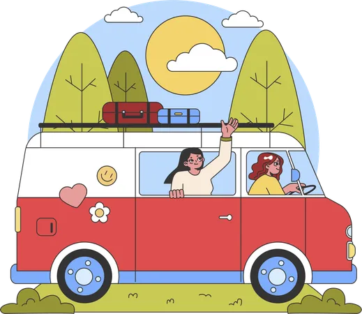 Chicas que van de viaje de verano.  Ilustración