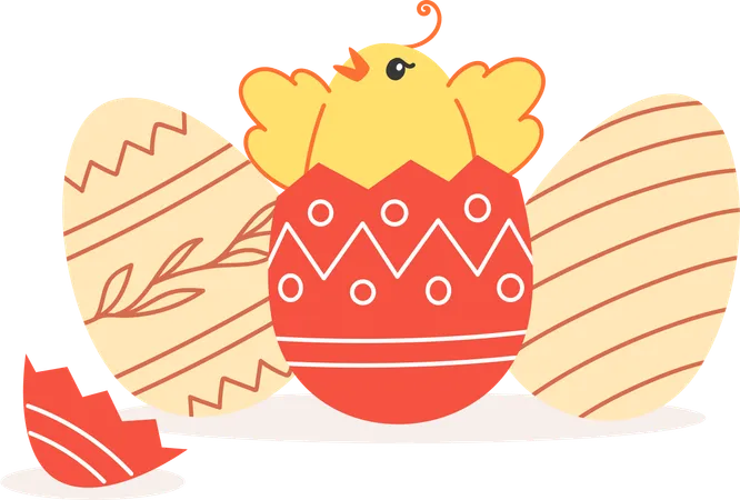 Easter Illustration With Chick And Painted Eggs In Cartoon Style 일러스트레이션