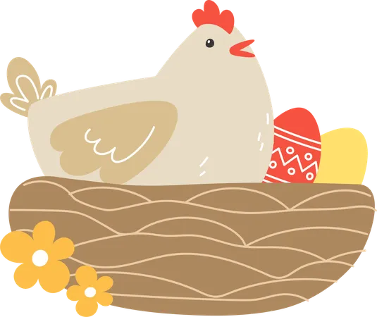 Chiken And Easter Eggs In A Nest For The Holiday In Cartoon Style Illustration