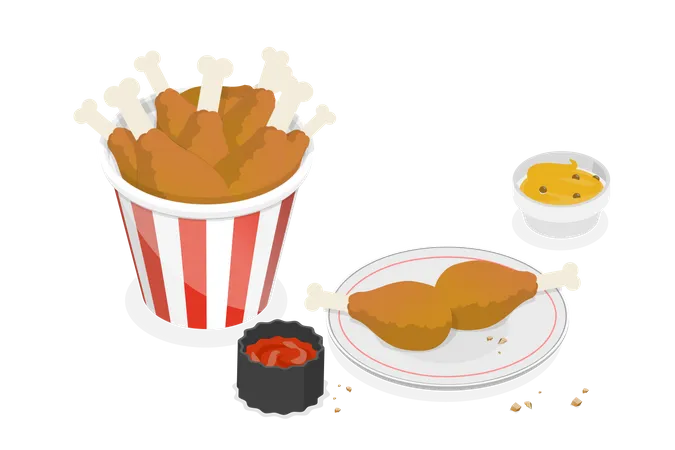 3 D Isometric Flat Vector Set Of Chicken Fast Food Hot Crispy Drumsticks Illustration