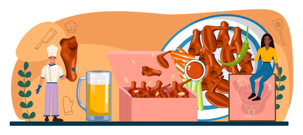 Buffalo Wings Typographic Header Chicken Wings Cooking At Home With Butter And Pepper Spicy Homemade Appetizer With Crispy Crust Unhealthy Snack Of Meat Flat Vector Illustration 일러스트레이션