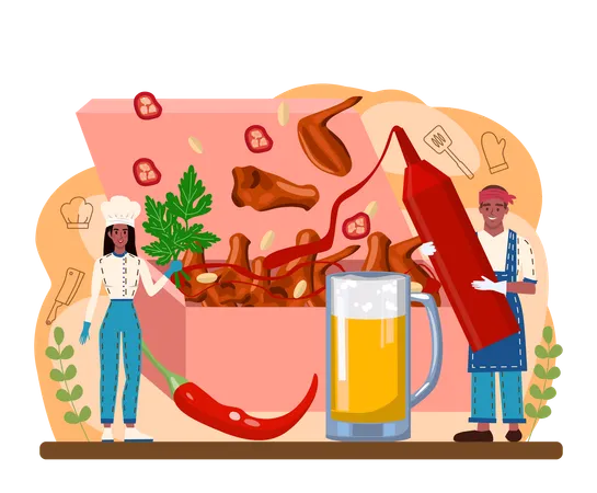 Buffalo Wings Concept Chicken Wings Cooking At Home With Butter And Pepper Spicy Homemade Appetizer With Crispy Crust Unhealthy Snack Of Meat Flat Vector Illustration イラスト