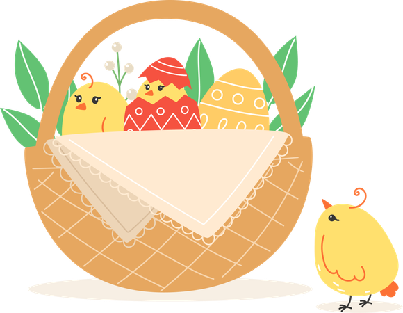 Chickens And Painted Eggs In Wicker Basket For Holiday  イラスト